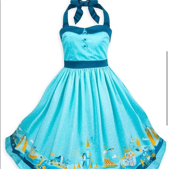 Disney Parks Magic Kingdom Retro Pin-up Rockabilly Midi Dress Aqua Blue Size S - Picture 3 of 16